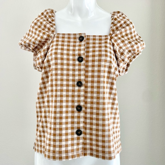 Madewell Gingham Jacquard Square Neck Puff Sleeve Top XS Saddle Brown - Picture 4 of 7